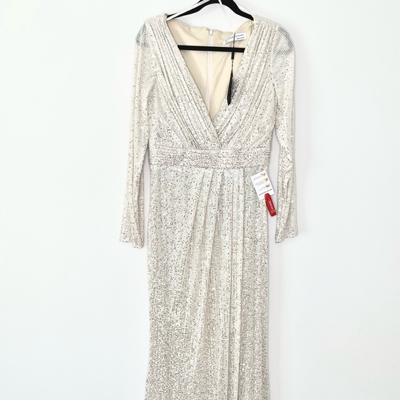 NWT leena for Mac Duggal Sequined Faux Wrap Sleeve Column Gown Silver Nude - Picture 4 of 7